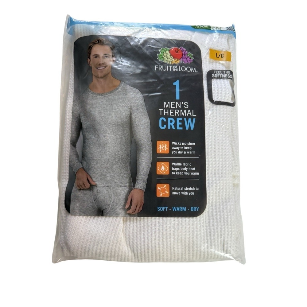NEW Fruit of the Loom Mens Thermal Waffle Crew Neck Long Sleeve White Large